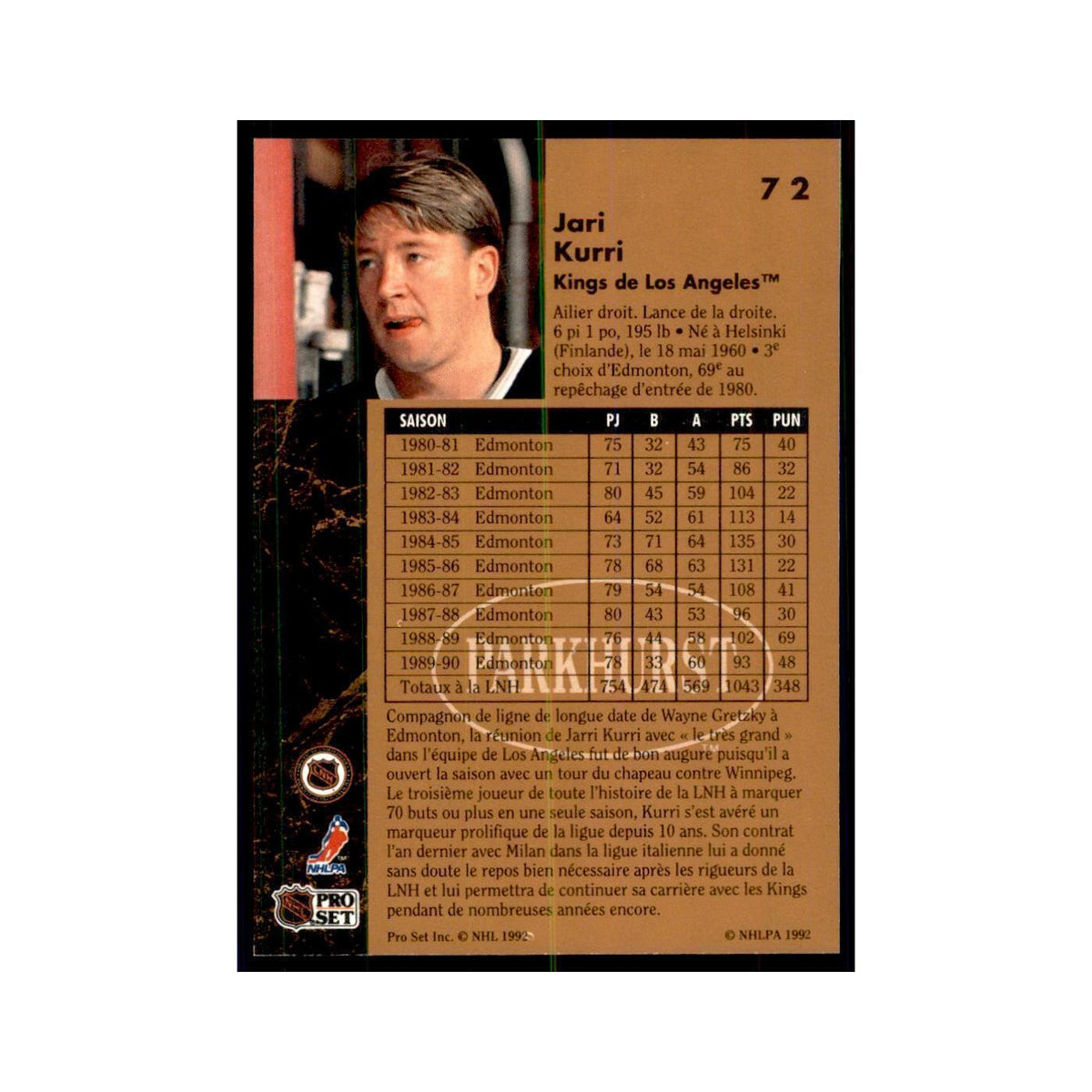 1991 Parkhurst French Jari Kurri Hockey Cards #72