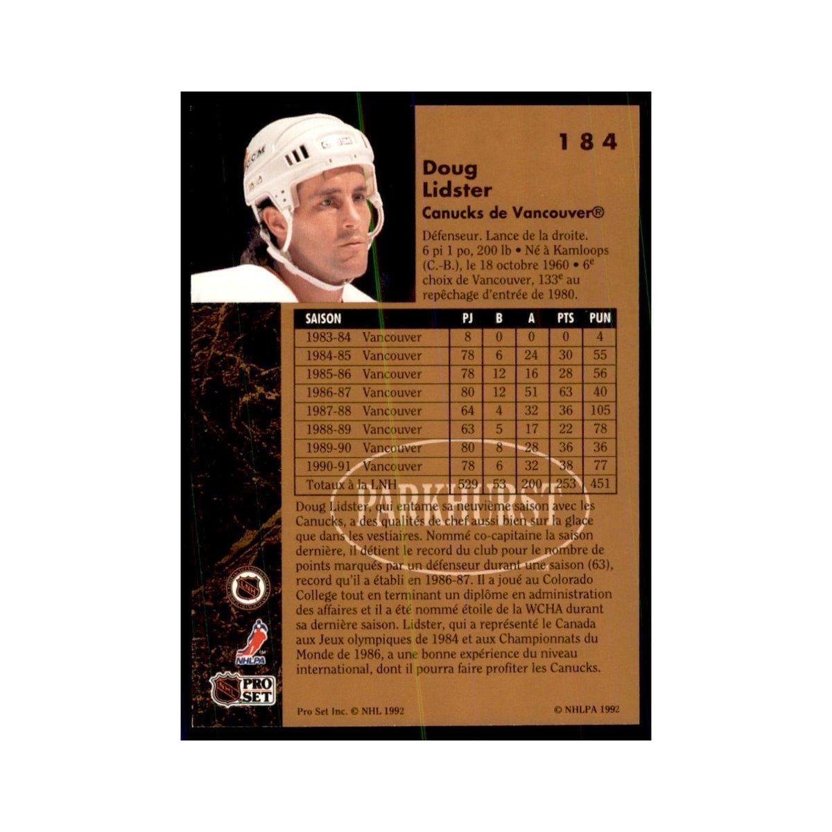 1991 Parkhurst French Doug Lidster Hockey Cards #184