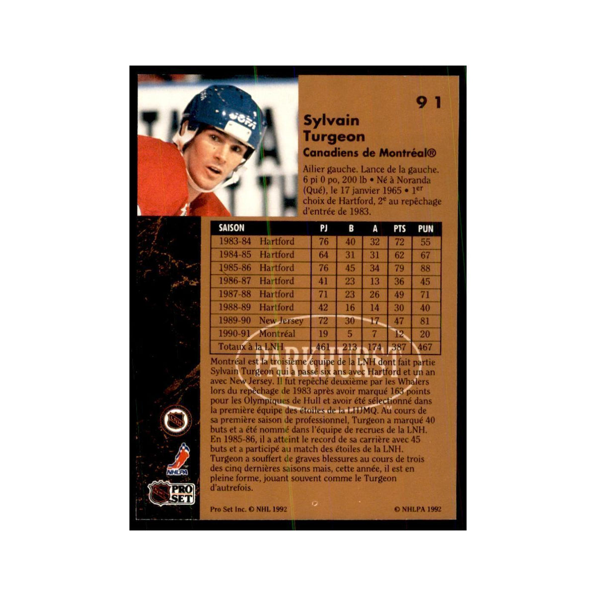 1991 Parkhurst French Sylvain Turgeon Hockey Cards #91