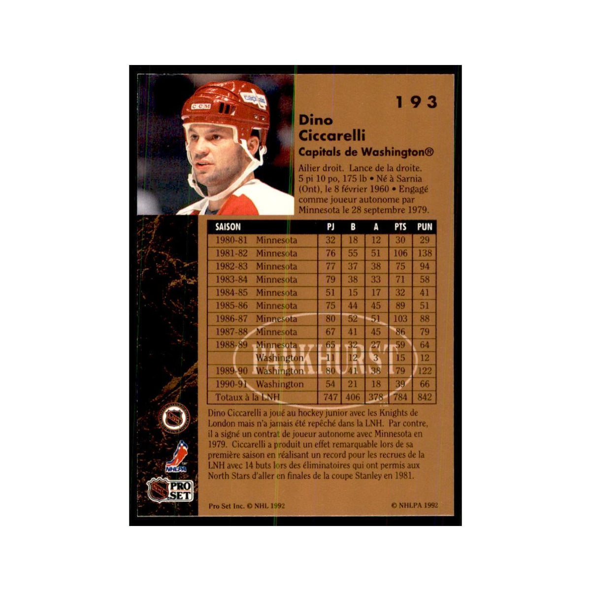1991 Parkhurst French Dino Ciccarelli Hockey Cards #193