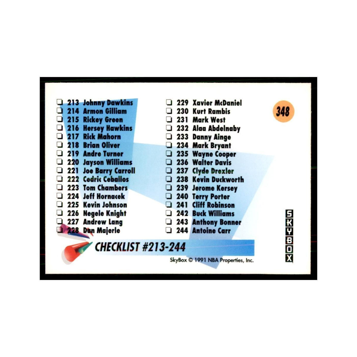1991 SkyBox Checklist 4 181-244 Basketball Cards #348