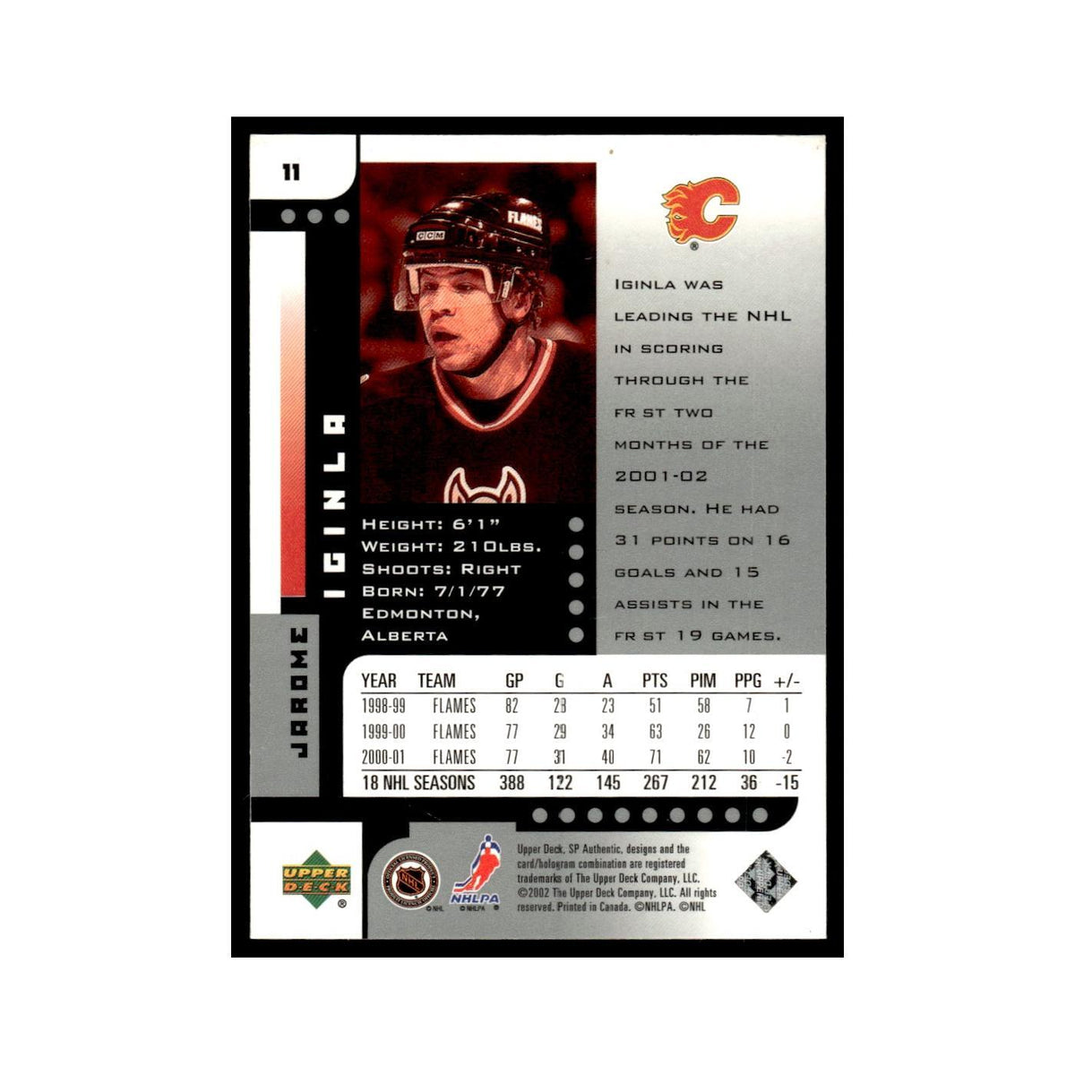 Jarome Iginla 2001 Upper Deck SP Authentic #11 Calgary Flames Hockey Card NM