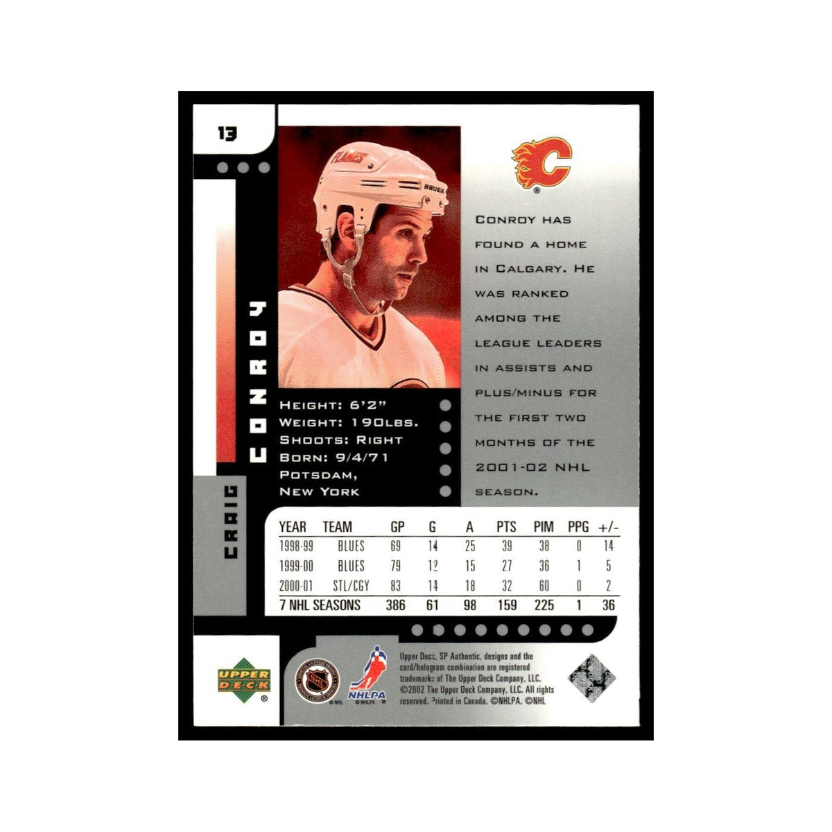 Craig Conroy 2001 Upper Deck SP Authentic #13 Calgary Flames Hockey Card NM