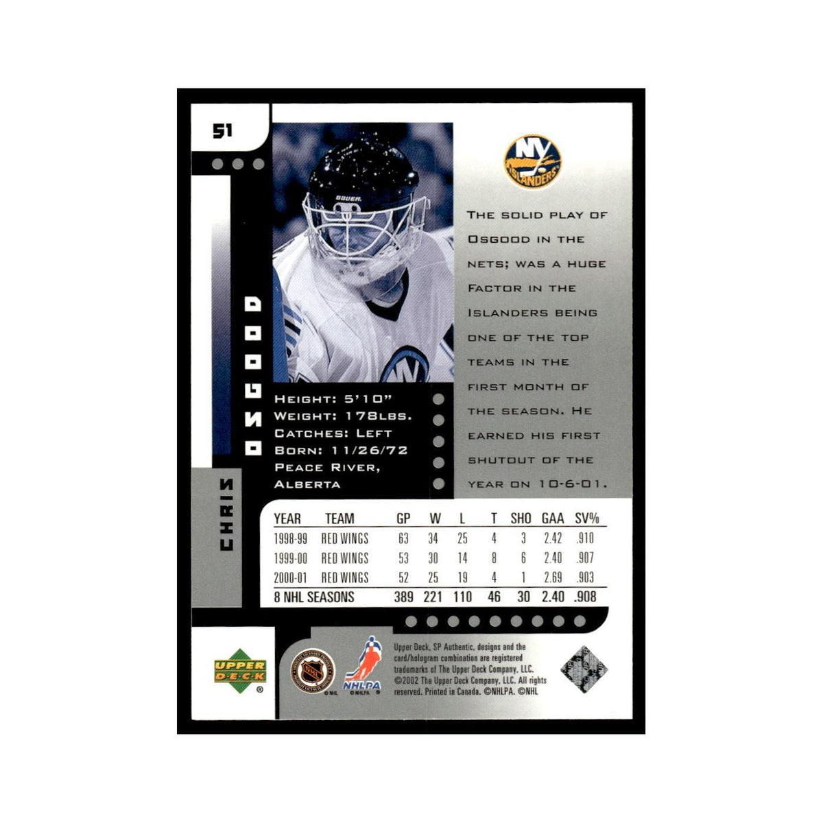 Chris Osgood 2001 Upper Deck SP Authentic #51 New York Islanders Hockey Card NM
