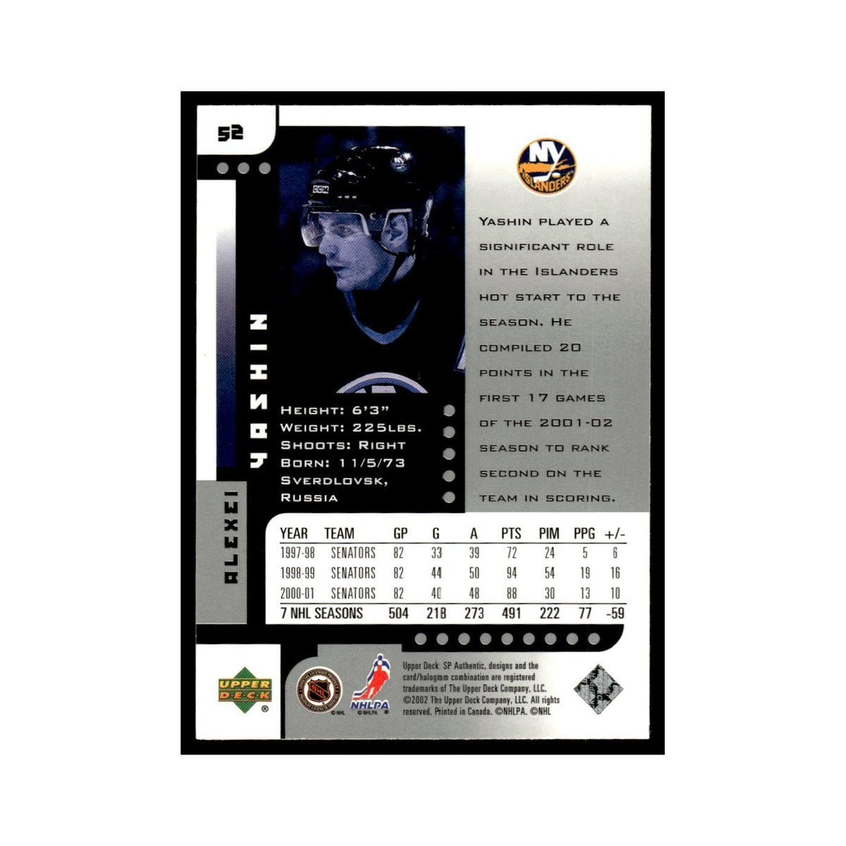 Alexei Yashin 2001 Upper Deck SP Authentic #52 New York Islanders Hockey Card NM