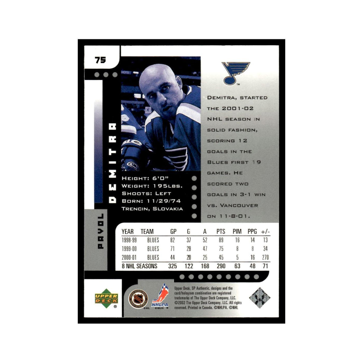 Pavol Demitra 2001 Upper Deck SP Authentic #75 St. Louis Blues Hockey Card NM
