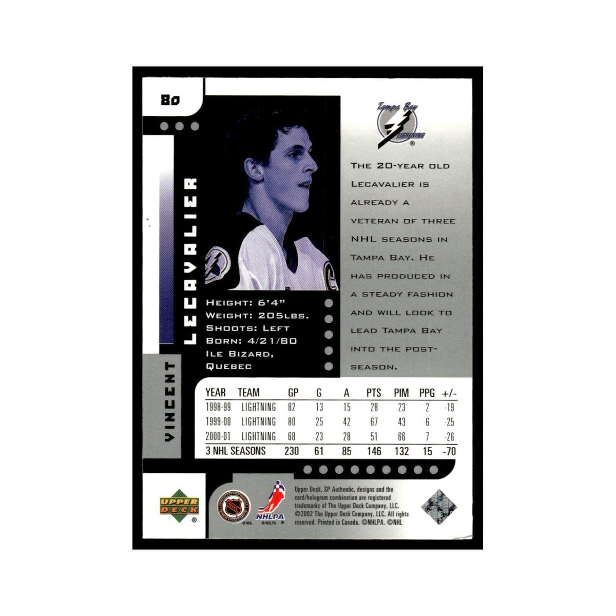 Vincent Lecavalier 2001 Upper Deck SP Authentic #80 Tampa Bay Lightning NM