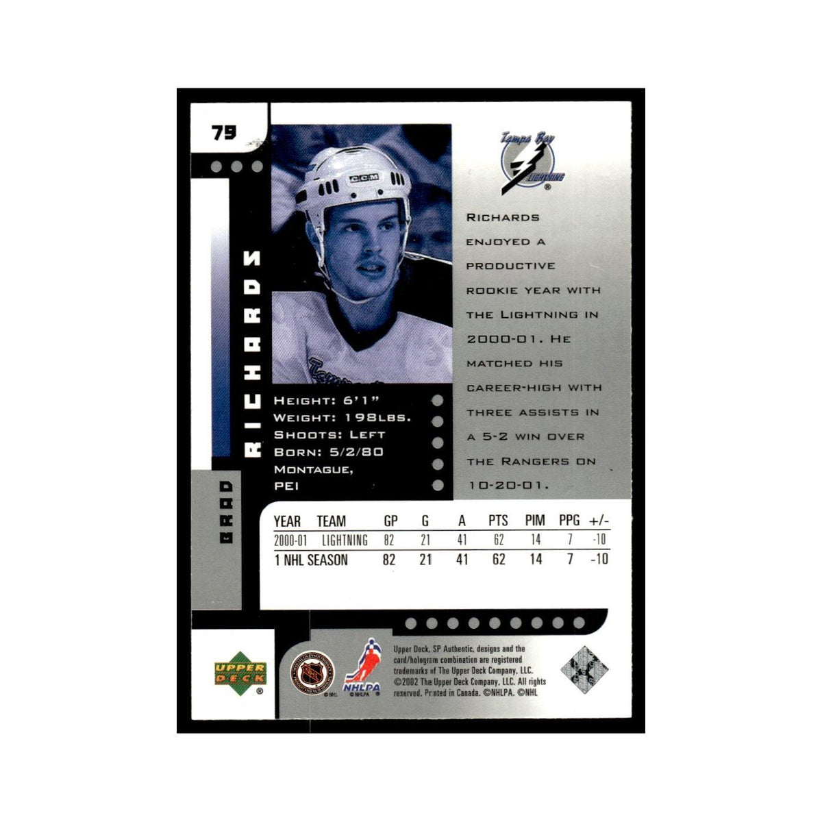 Brad Richards 2001 Upper Deck SP Authentic #79 Tampa Bay Lightning NM