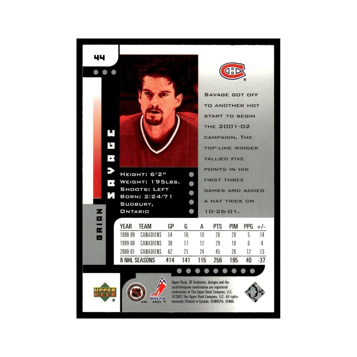 Brian Savage 2001 Upper Deck SP Authentic #44 Montreal Canadiens Hockey Card NM