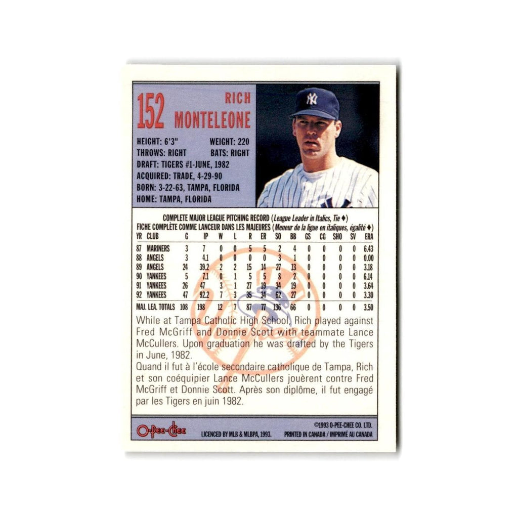 Rich Monteleone 1993 O-Pee-Chee #152 New York Yankees Baseball Card NM