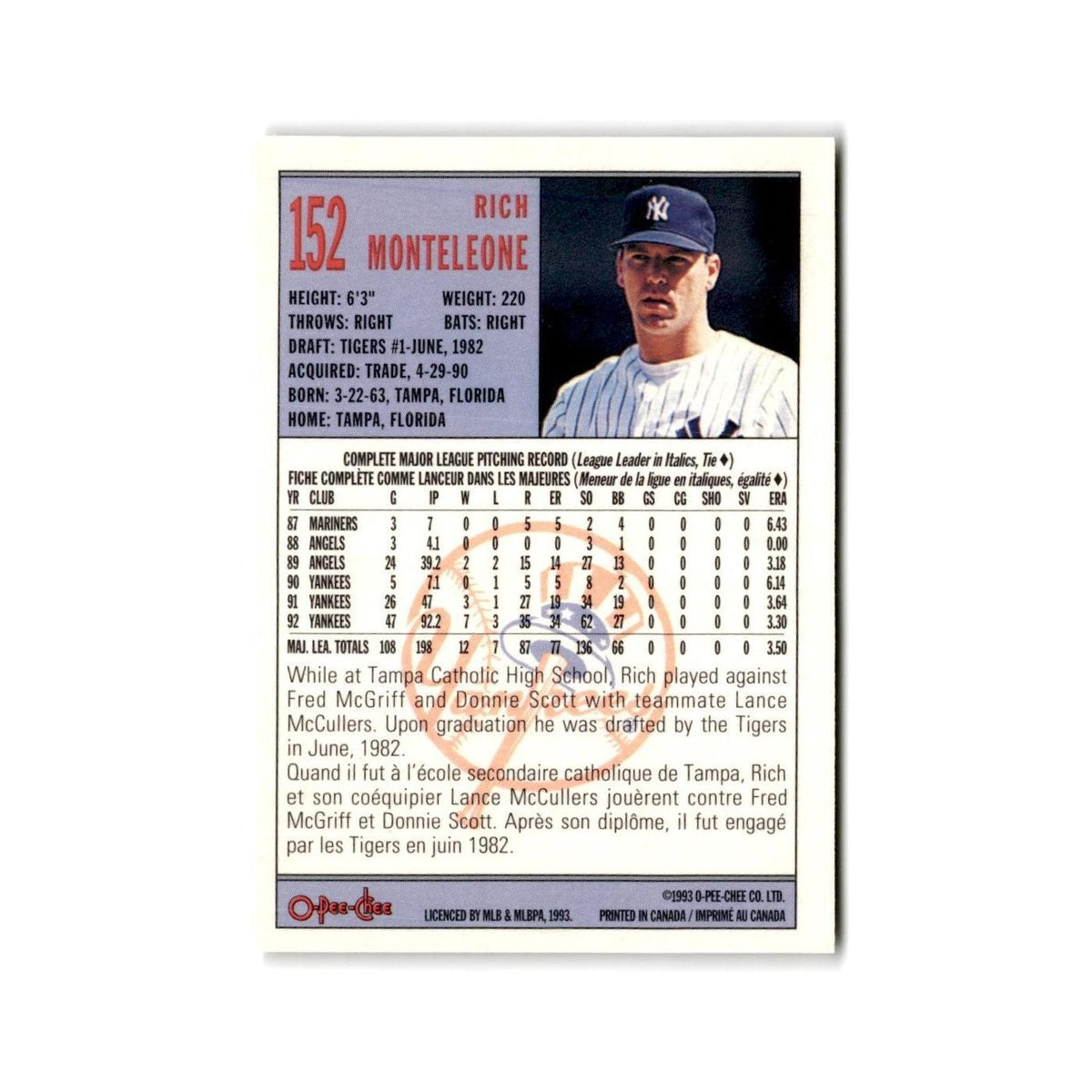 Rich Monteleone 1993 O-Pee-Chee #152 New York Yankees Baseball Card NM