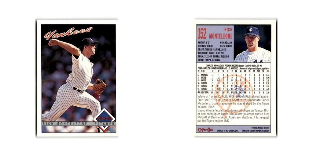 Rich Monteleone 1993 O-Pee-Chee #152 New York Yankees Baseball Card NM