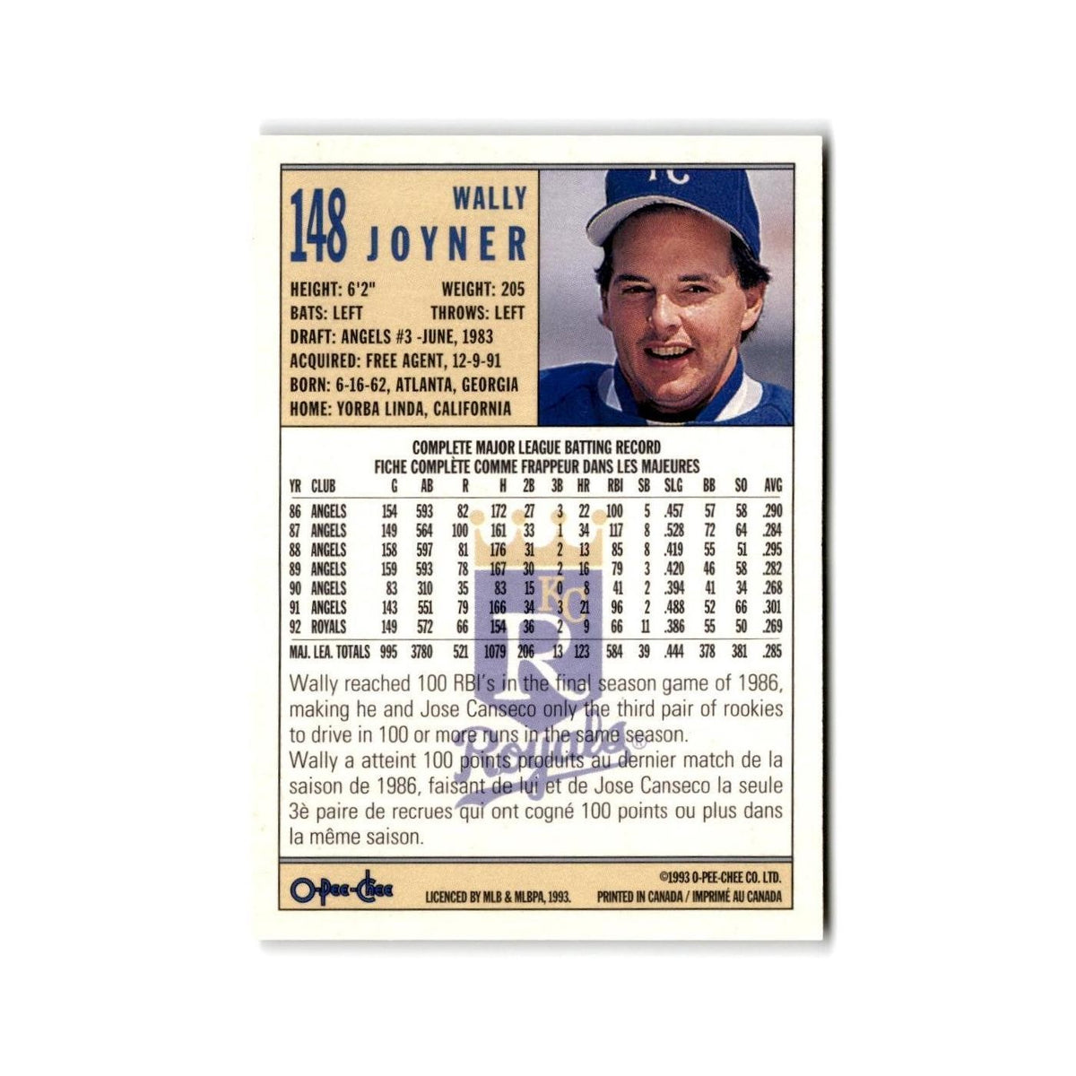 Wally Joyner 1993 O-Pee-Chee #148 Kansas City Royals Baseball Card NM
