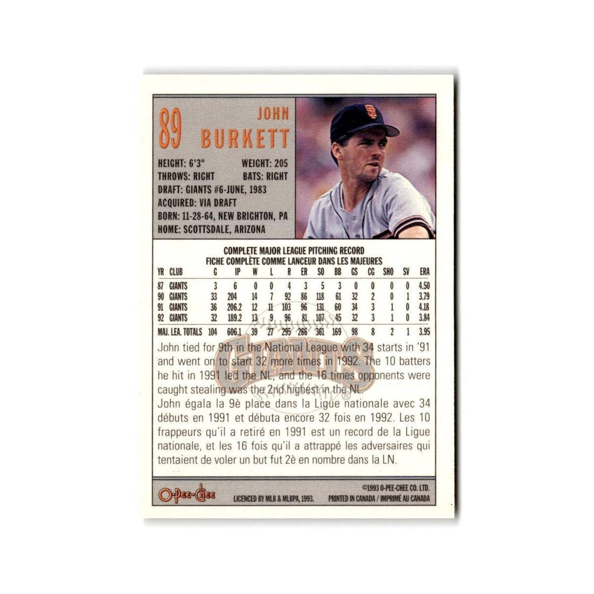 John Burkett 1993 O-Pee-Chee #89 San Francisco Giants Baseball Card NM