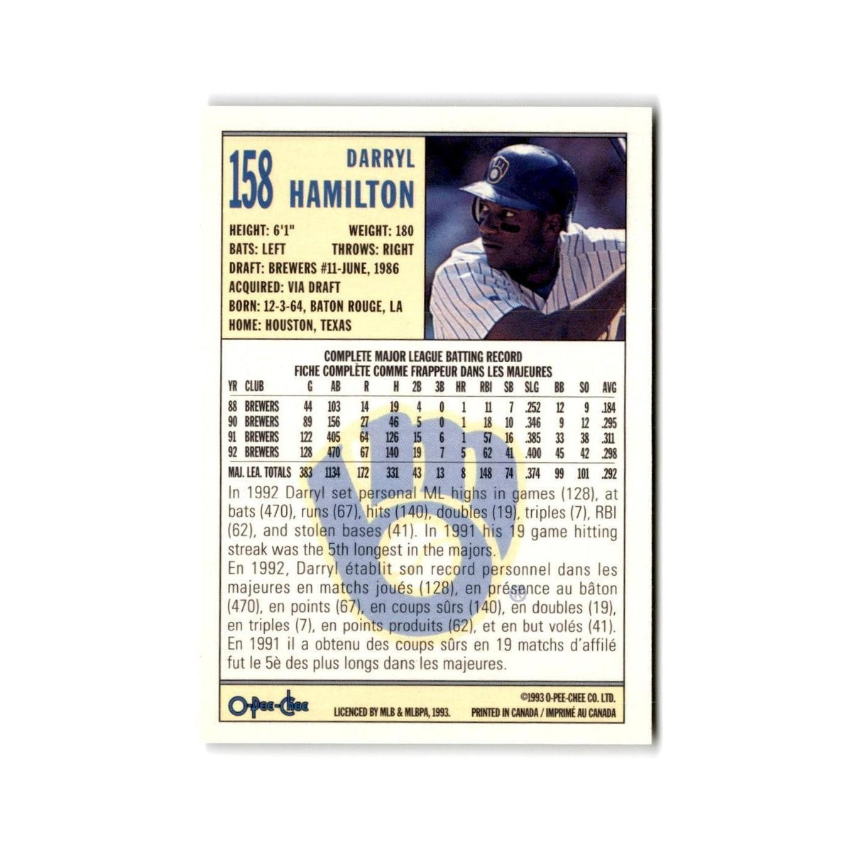 Darryl Hamilton 1993 O-Pee-Chee #158 Milwaukee Brewers Baseball Card NM
