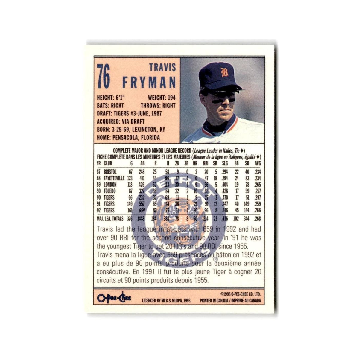 Travis Fryman 1993 O-Pee-Chee #76 Detroit Tigers Baseball Card NM