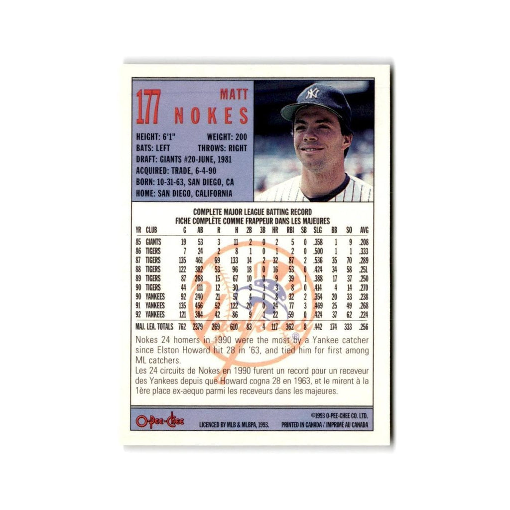 Matt Nokes 1993 O-Pee-Chee #177 New York Yankees Baseball Card NM