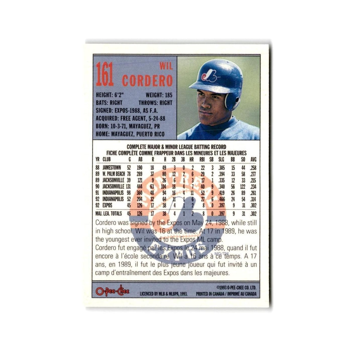 Wil Cordero 1993 O-Pee-Chee #161 Montreal Expos Baseball Card NM