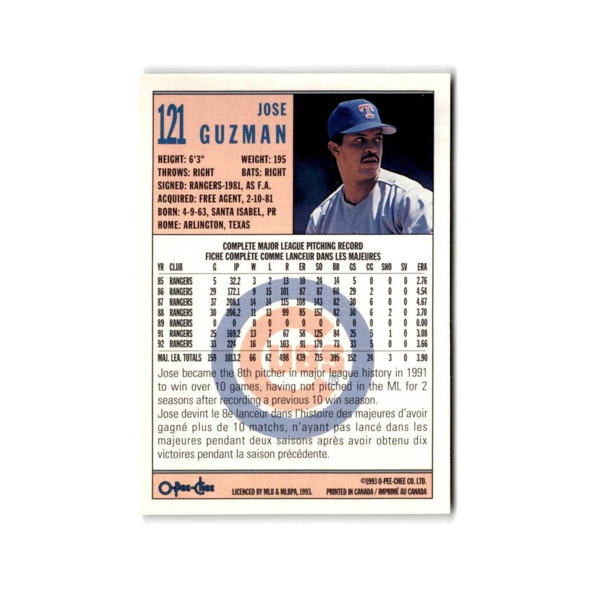Jose Guzman 1993 O-Pee-Chee #121 Chicago Cubs Baseball Card NM