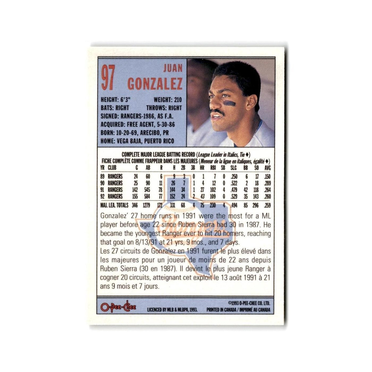 Juan Gonzalez 1993 O-Pee-Chee #97 Texas Rangers Baseball Card NM