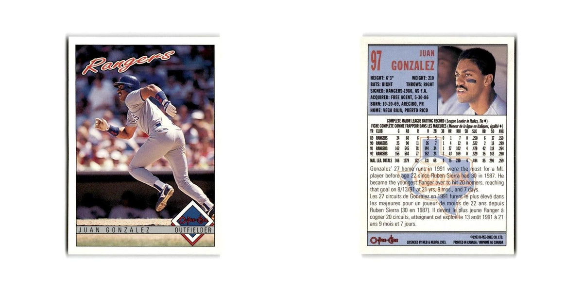 Juan Gonzalez 1993 O-Pee-Chee #97 Texas Rangers Baseball Card NM