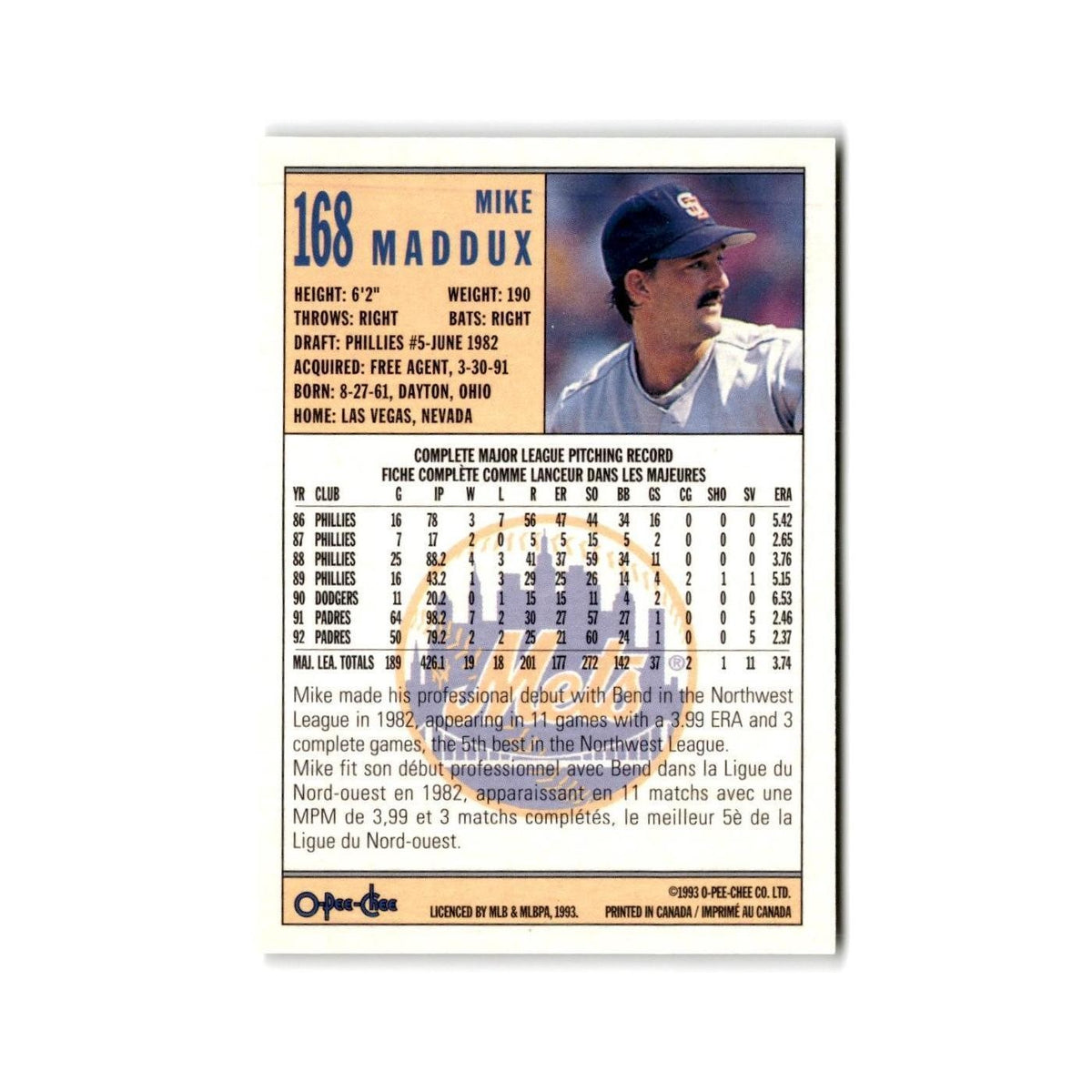 Mike Maddux 1993 O-Pee-Chee #168 New York Mets Baseball Card NM