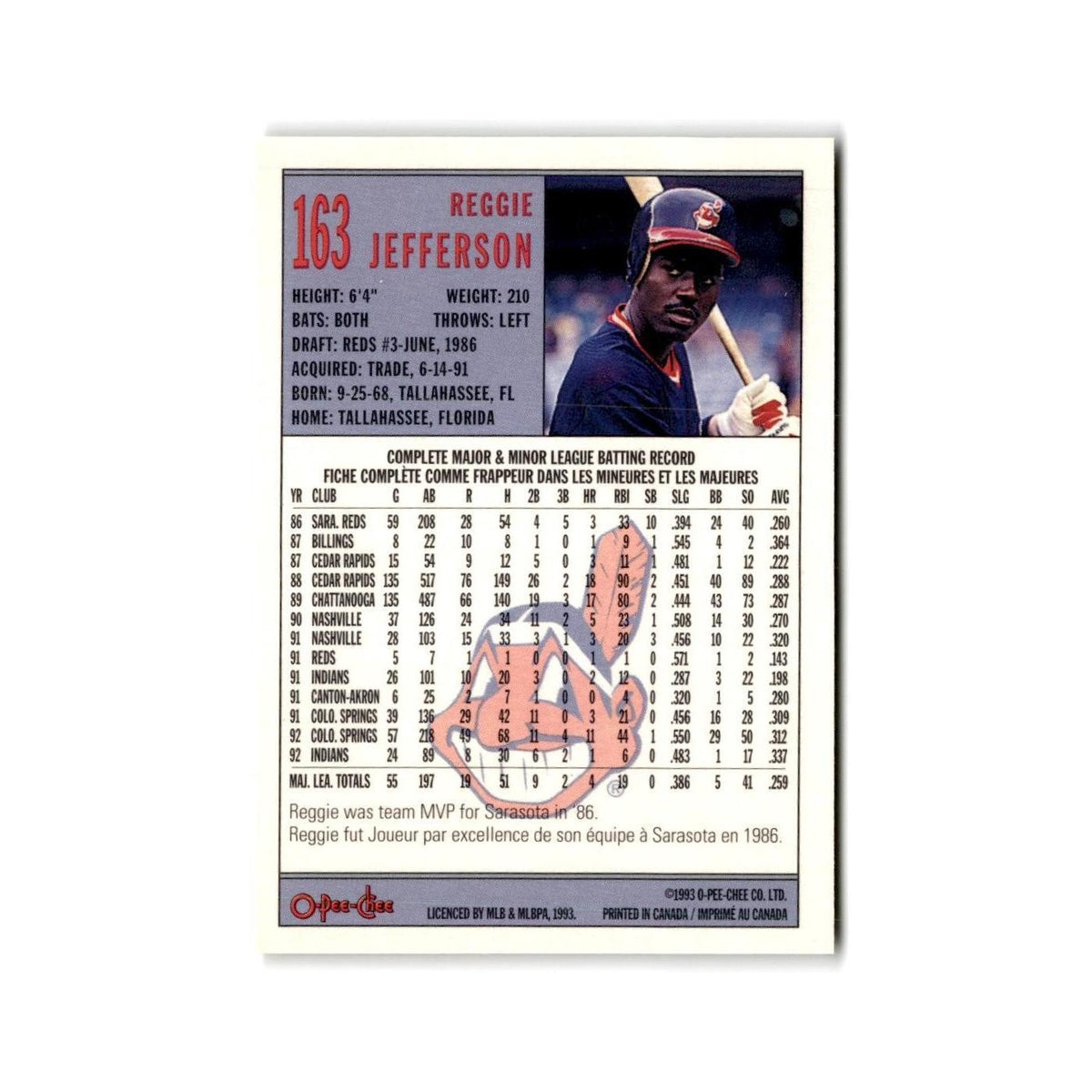 Reggie Jefferson 1993 O-Pee-Chee #163 Cleveland Indians Baseball Card NM