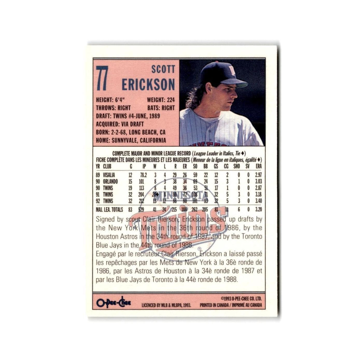 Scott Erickson 1993 O-Pee-Chee #77 Minnesota Twins Baseball Card NM
