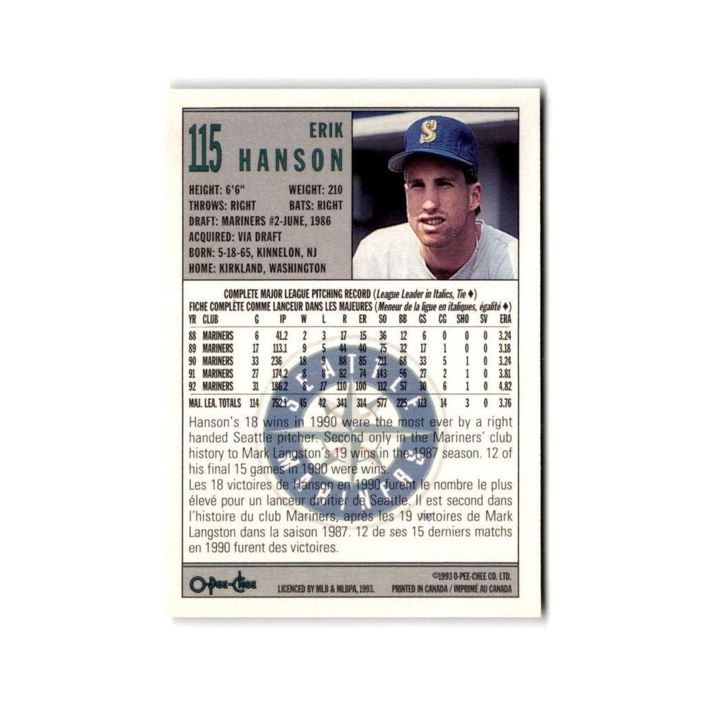 Erik Hanson 1993 O-Pee-Chee #115 Seattle Mariners Baseball Card NM