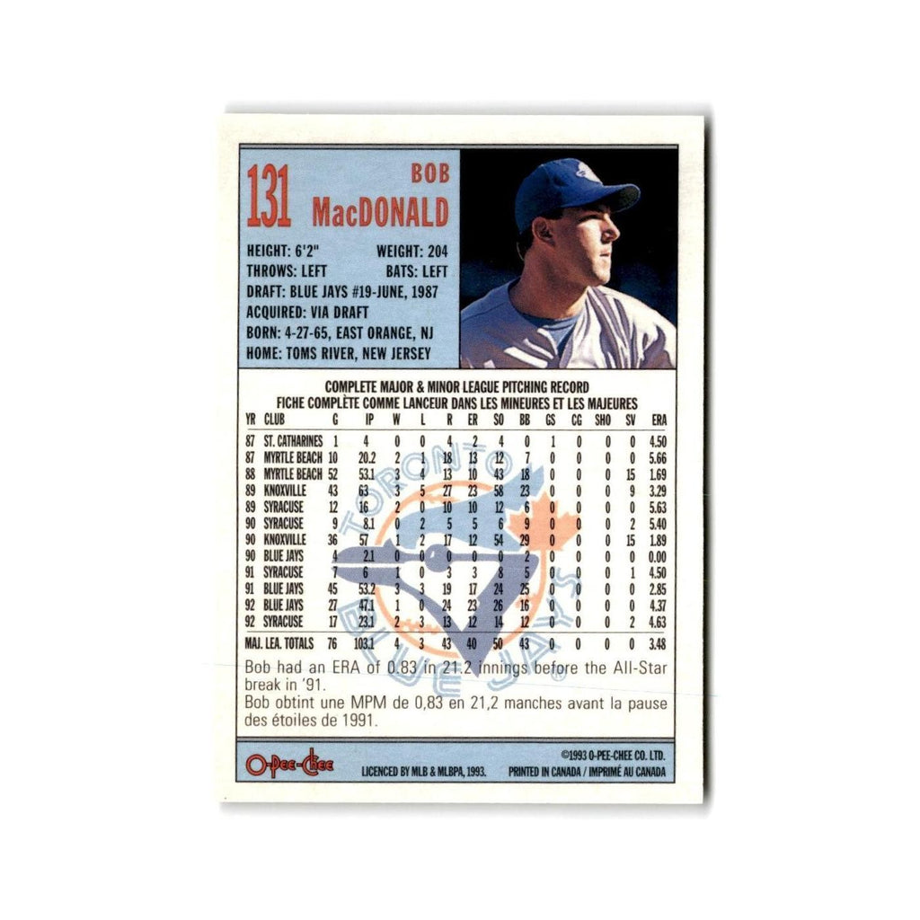 Bob MacDonald 1993 O-Pee-Chee #131 Toronto Blue Jays Baseball Card NM