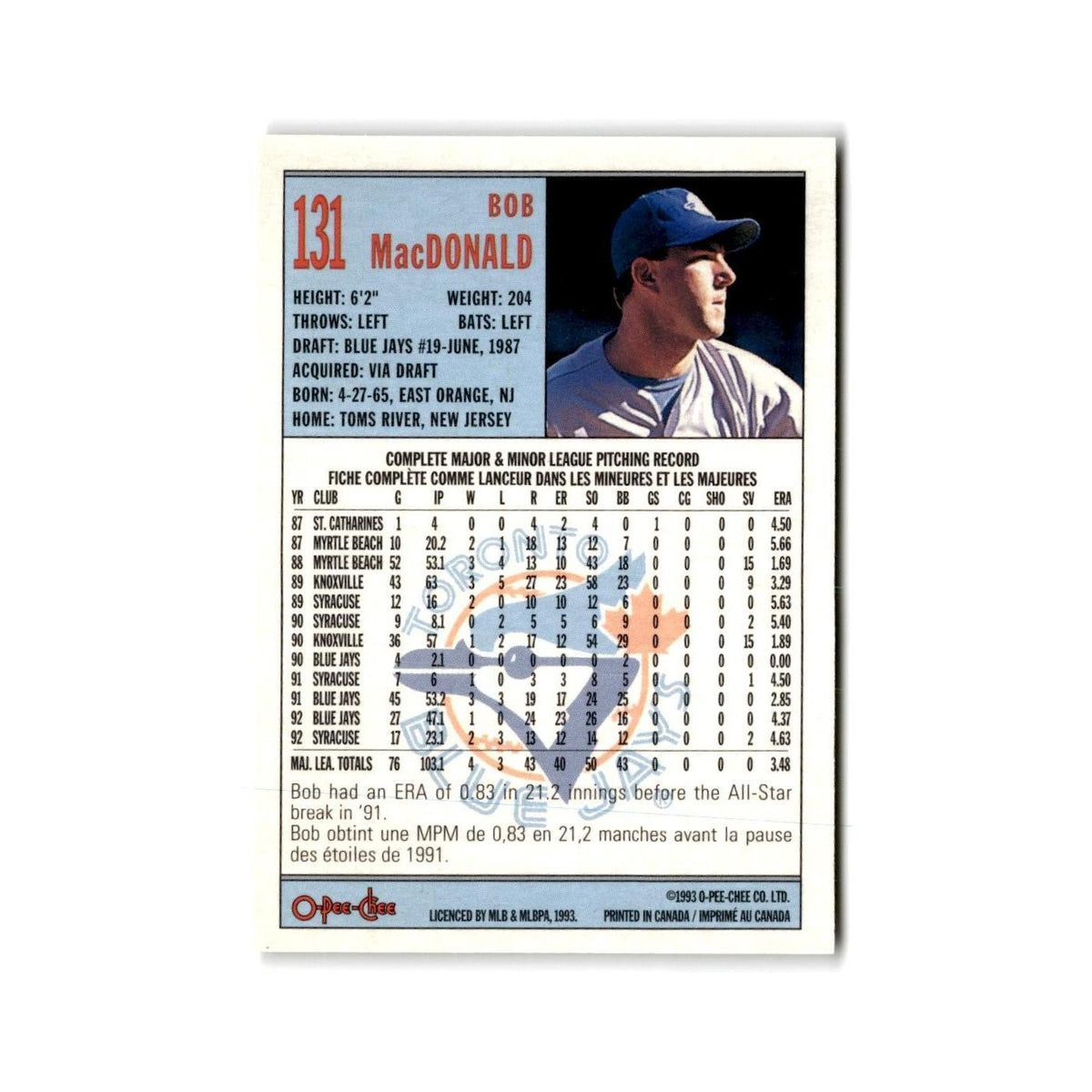 Bob MacDonald 1993 O-Pee-Chee #131 Toronto Blue Jays Baseball Card NM