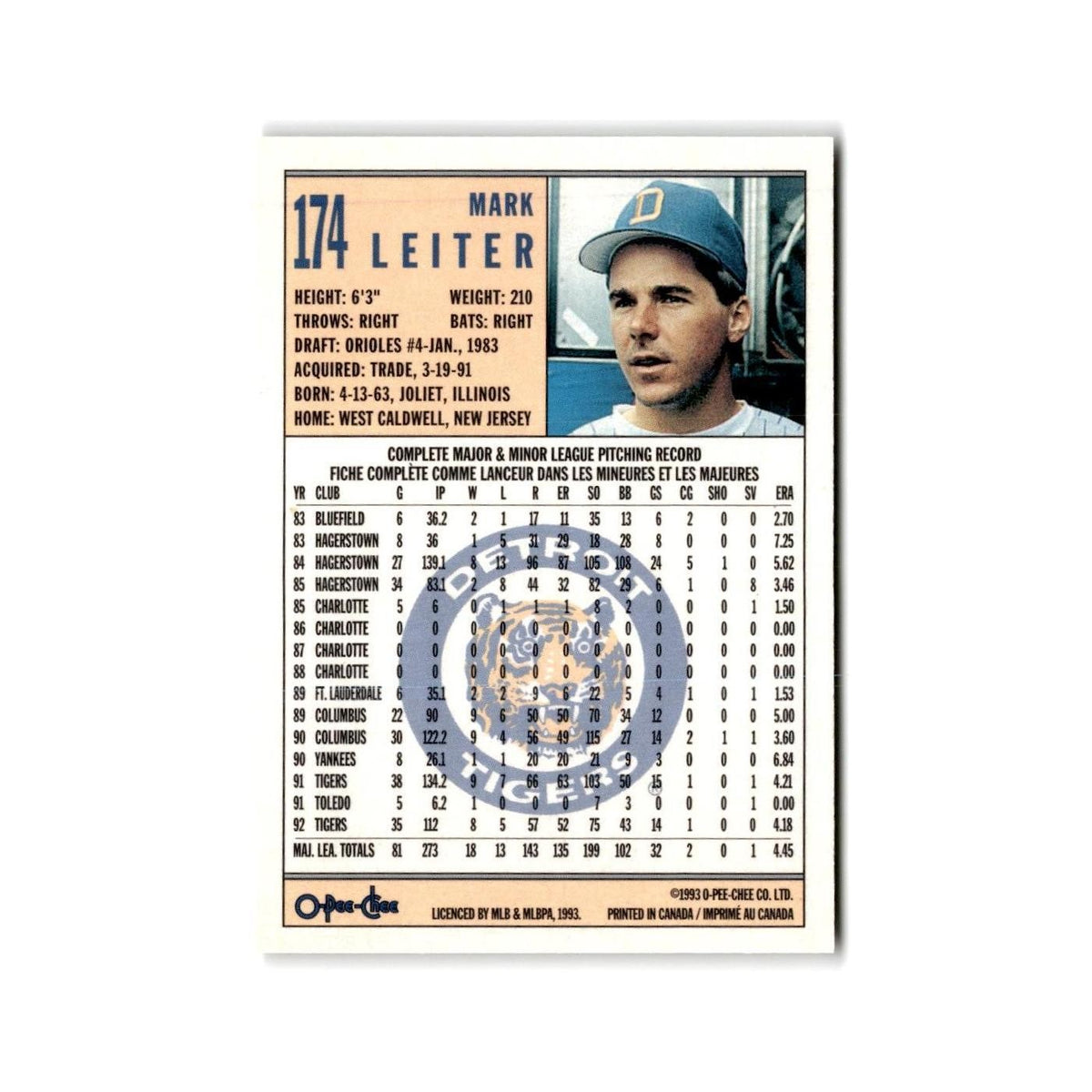 Mark Leiter 1993 O-Pee-Chee #174 Detroit Tigers Baseball Card NM