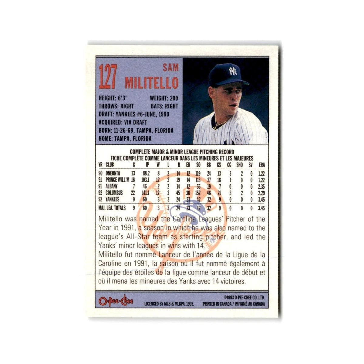 Sam Militello 1993 O-Pee-Chee #127 New York Yankees Baseball Card NM