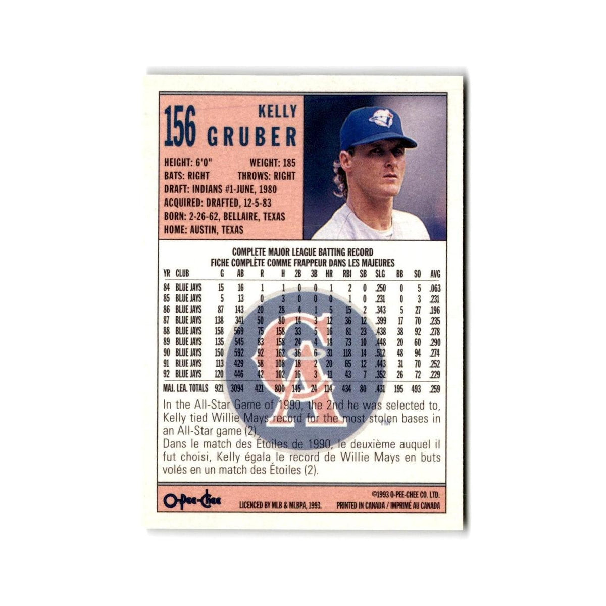 Kelly Gruber 1993 O-Pee-Chee #156 California Angels Baseball Card NM