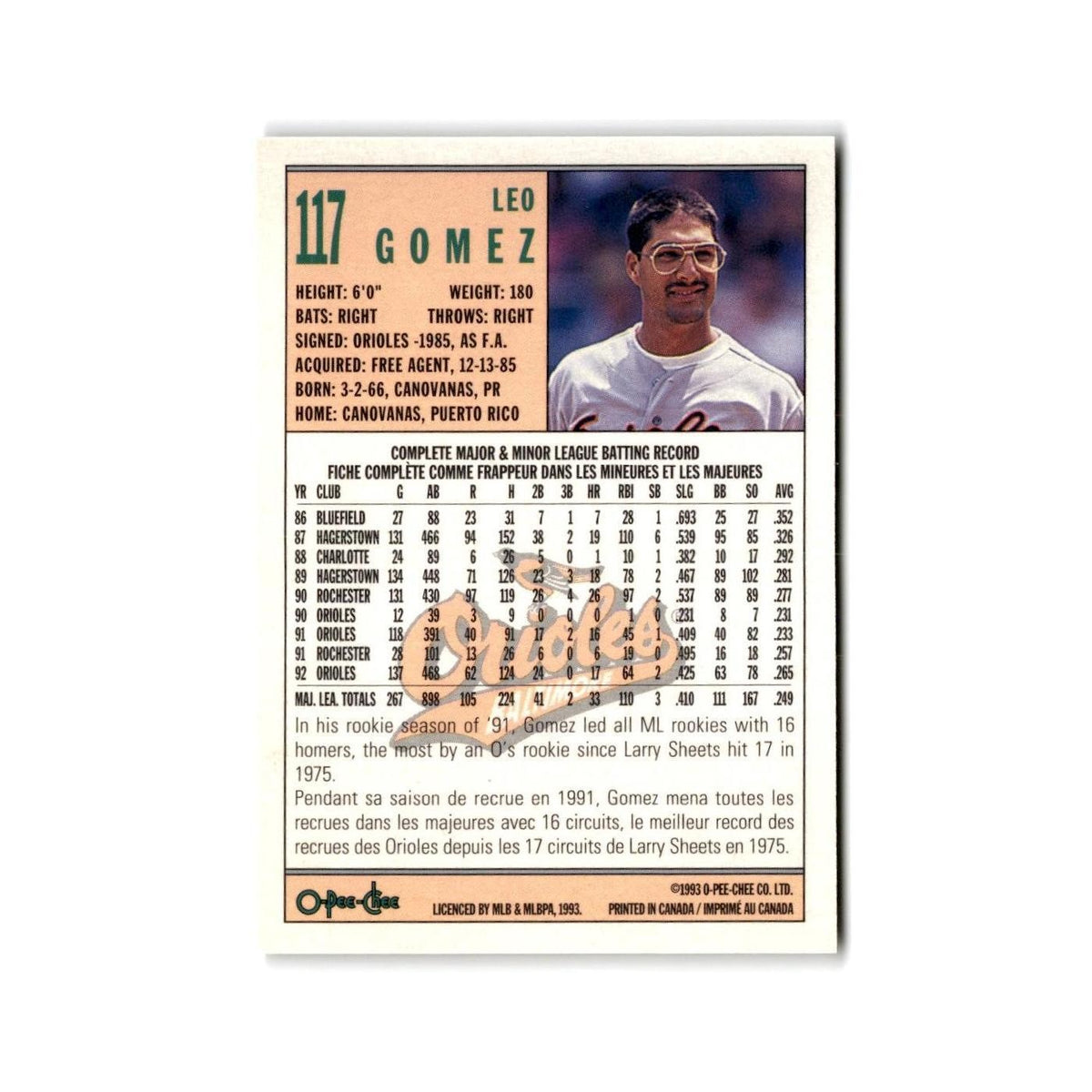 Leo Gomez 1993 O-Pee-Chee #117 Baltimore Orioles Baseball Card NM