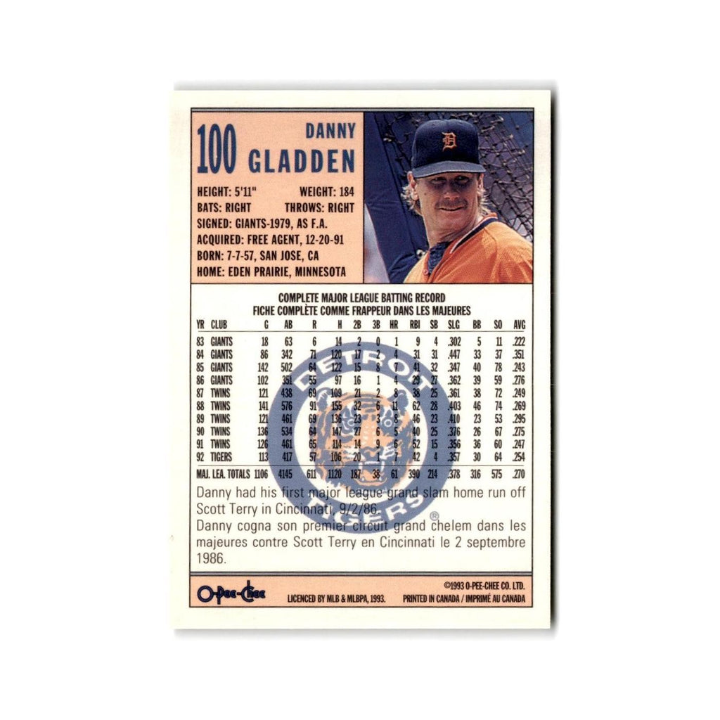 Danny Gladden 1993 O-Pee-Chee #100 Detroit Tigers Baseball Card NM
