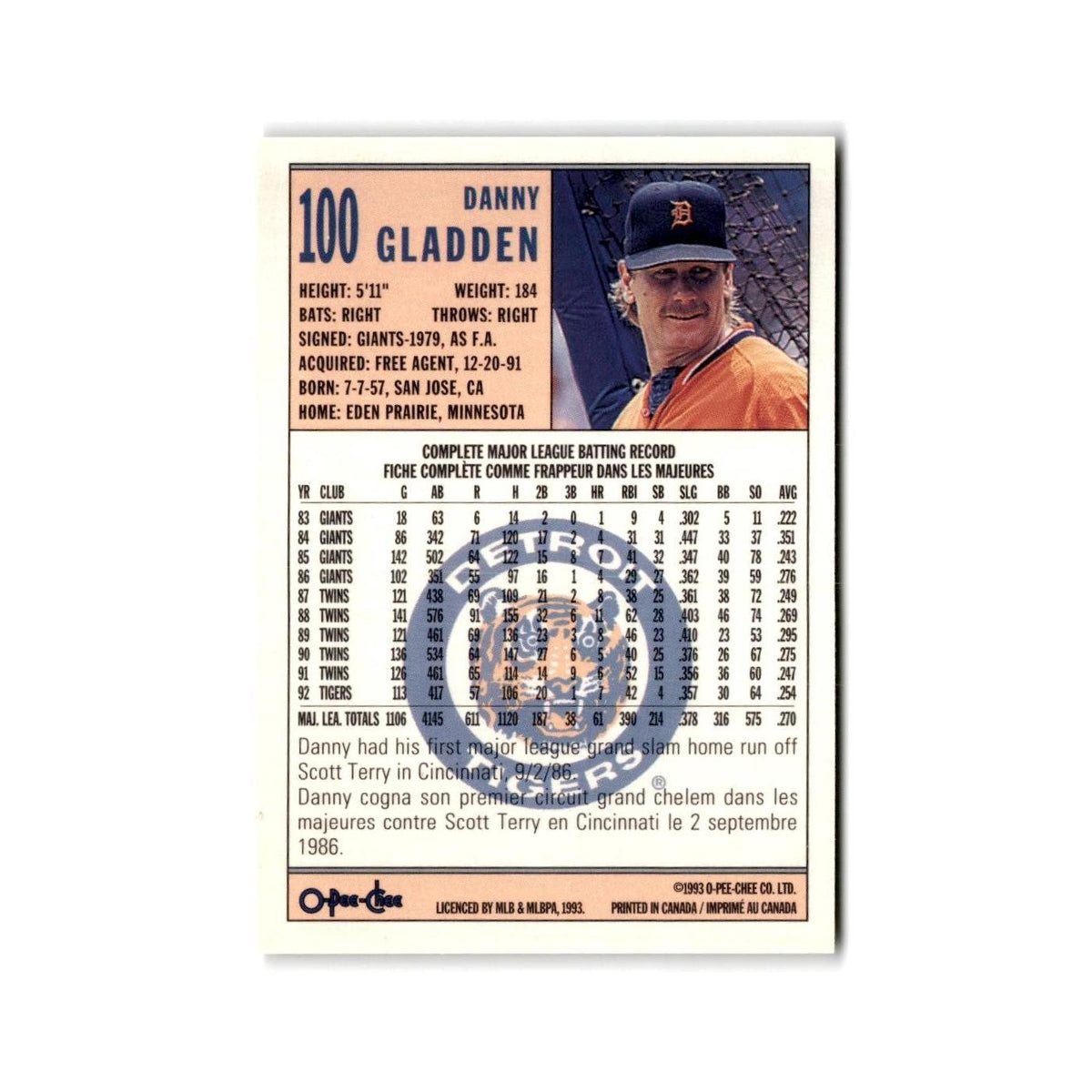 Danny Gladden 1993 O-Pee-Chee #100 Detroit Tigers Baseball Card NM