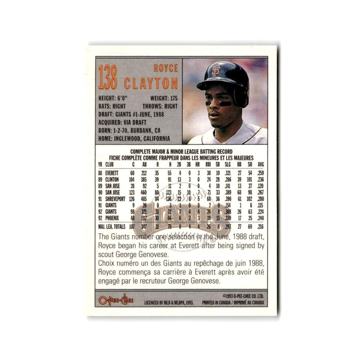 Royce Clayton 1993 O-Pee-Chee #138 San Francisco Giants Baseball Card NM