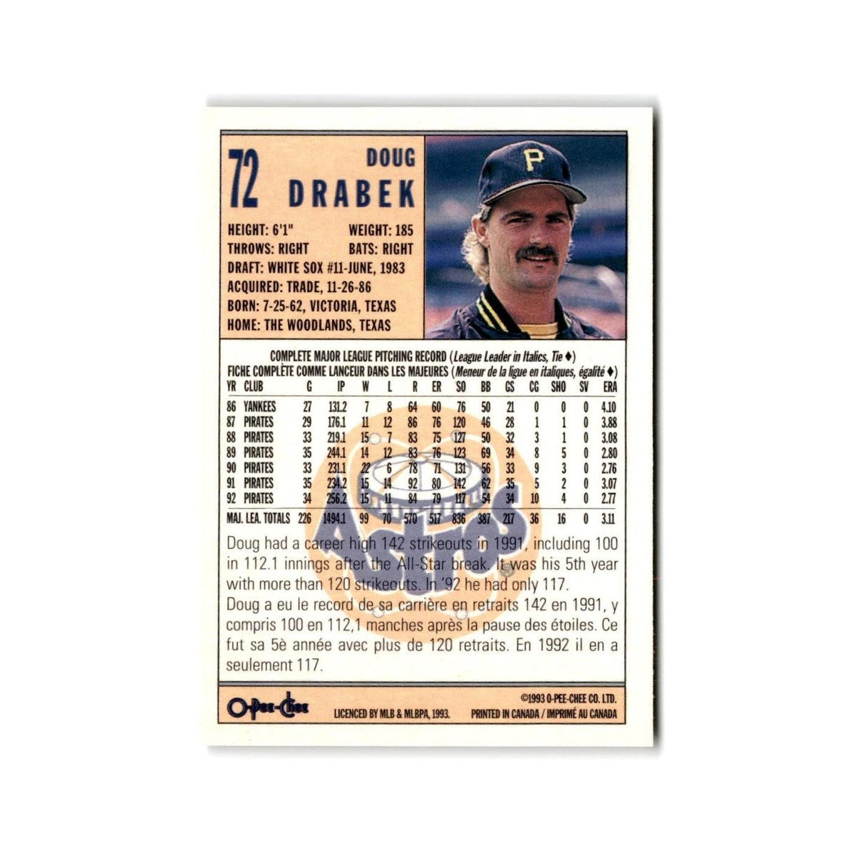 Doug Drabek 1993 O-Pee-Chee #72 Houston Astros Baseball Card NM