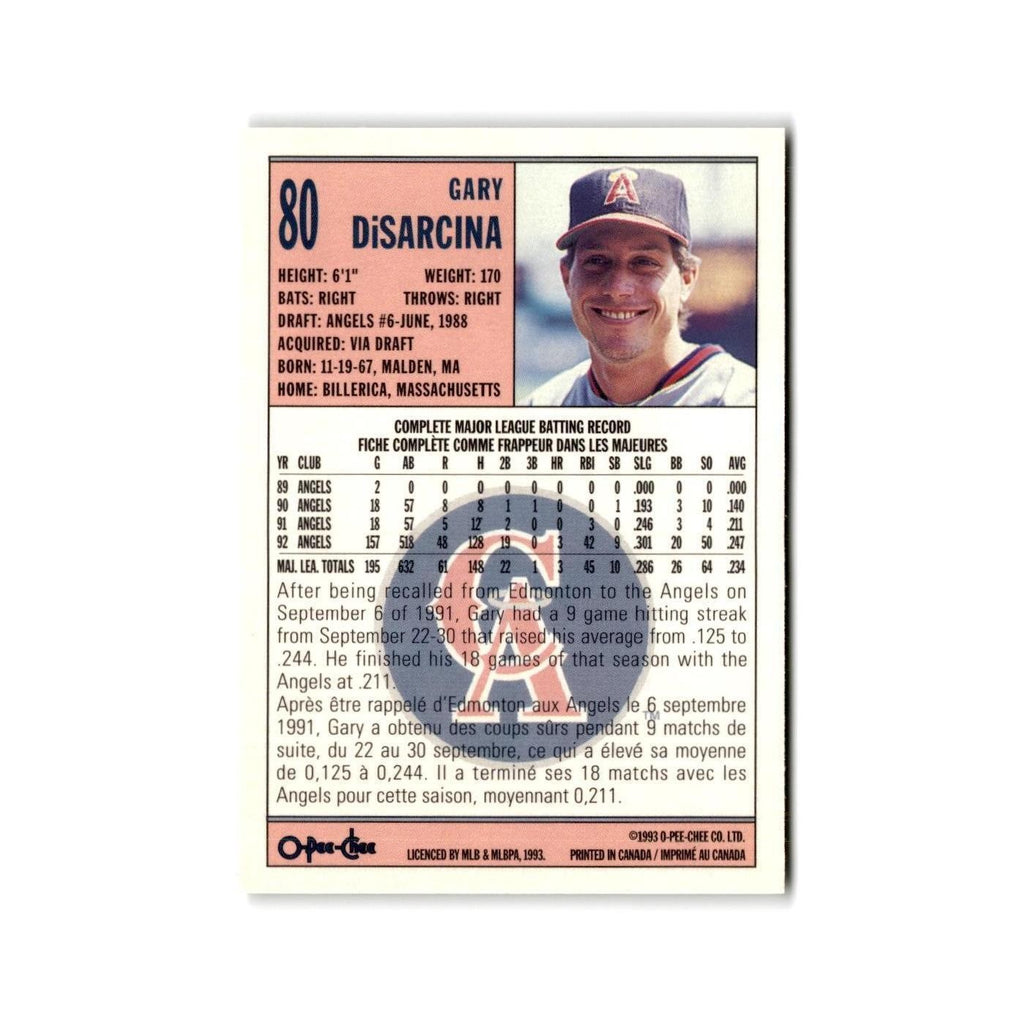 Gary DiSarcina 1993 O-Pee-Chee #80 California Angels Baseball Card NM