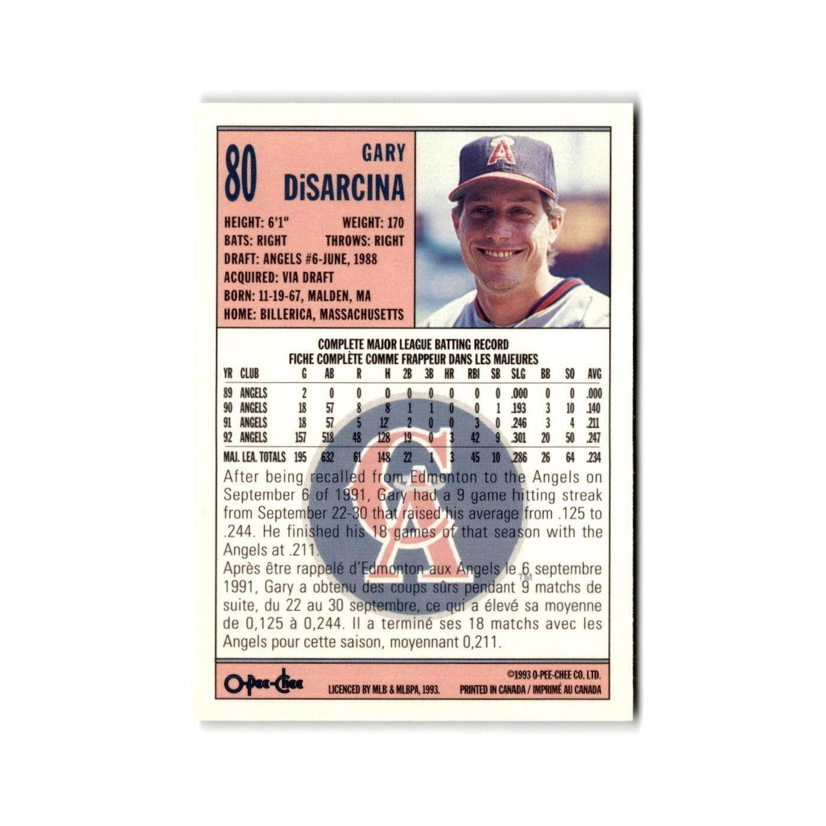Gary DiSarcina 1993 O-Pee-Chee #80 California Angels Baseball Card NM