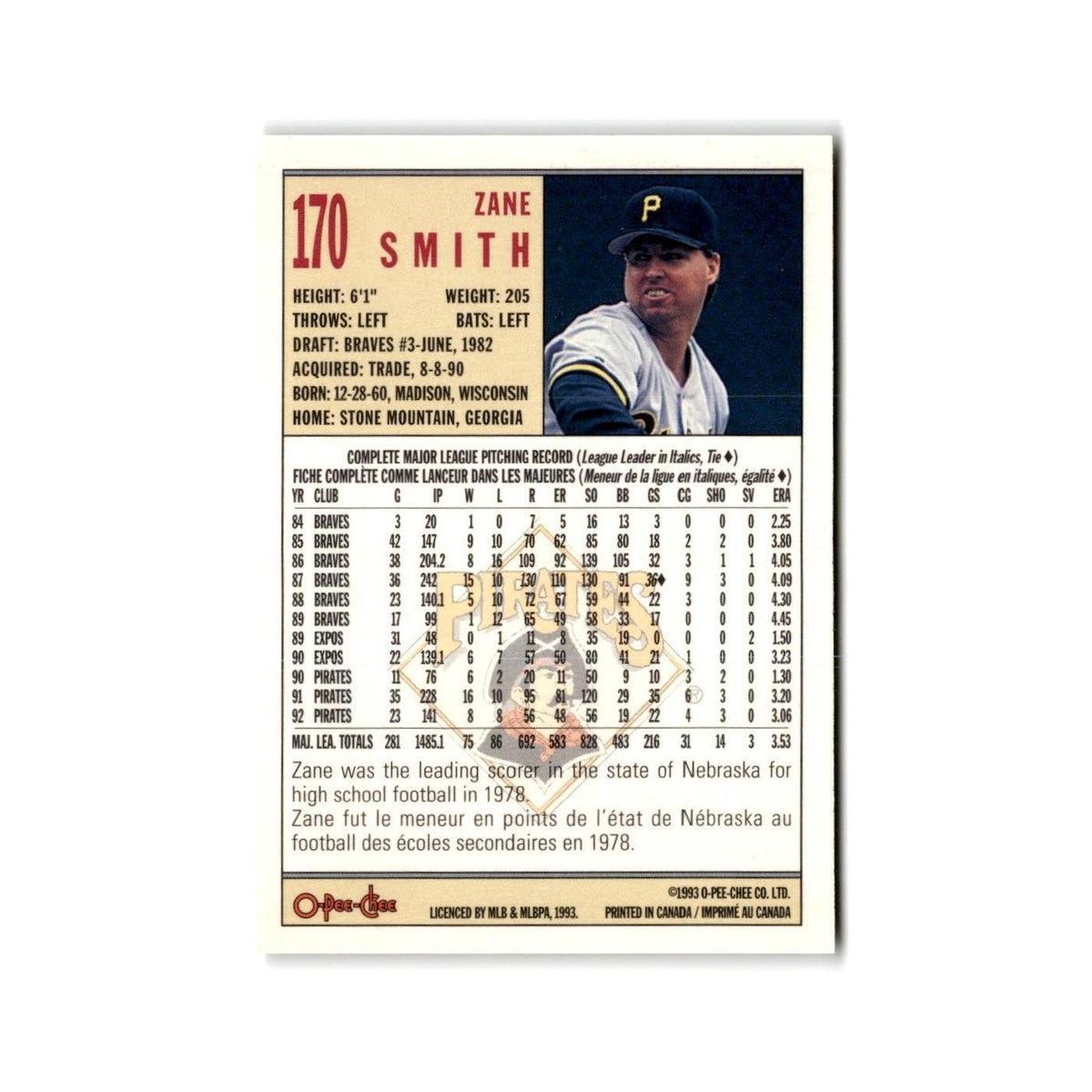Zane Smith 1993 O-Pee-Chee #170 Pittsburgh Pirates Baseball Card NM