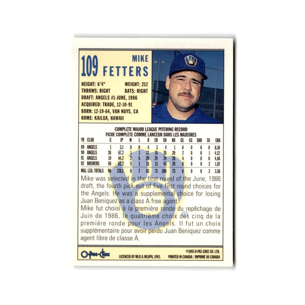 Mike Fetters 1993 O-Pee-Chee #109 Milwaukee Brewers Baseball Card NM