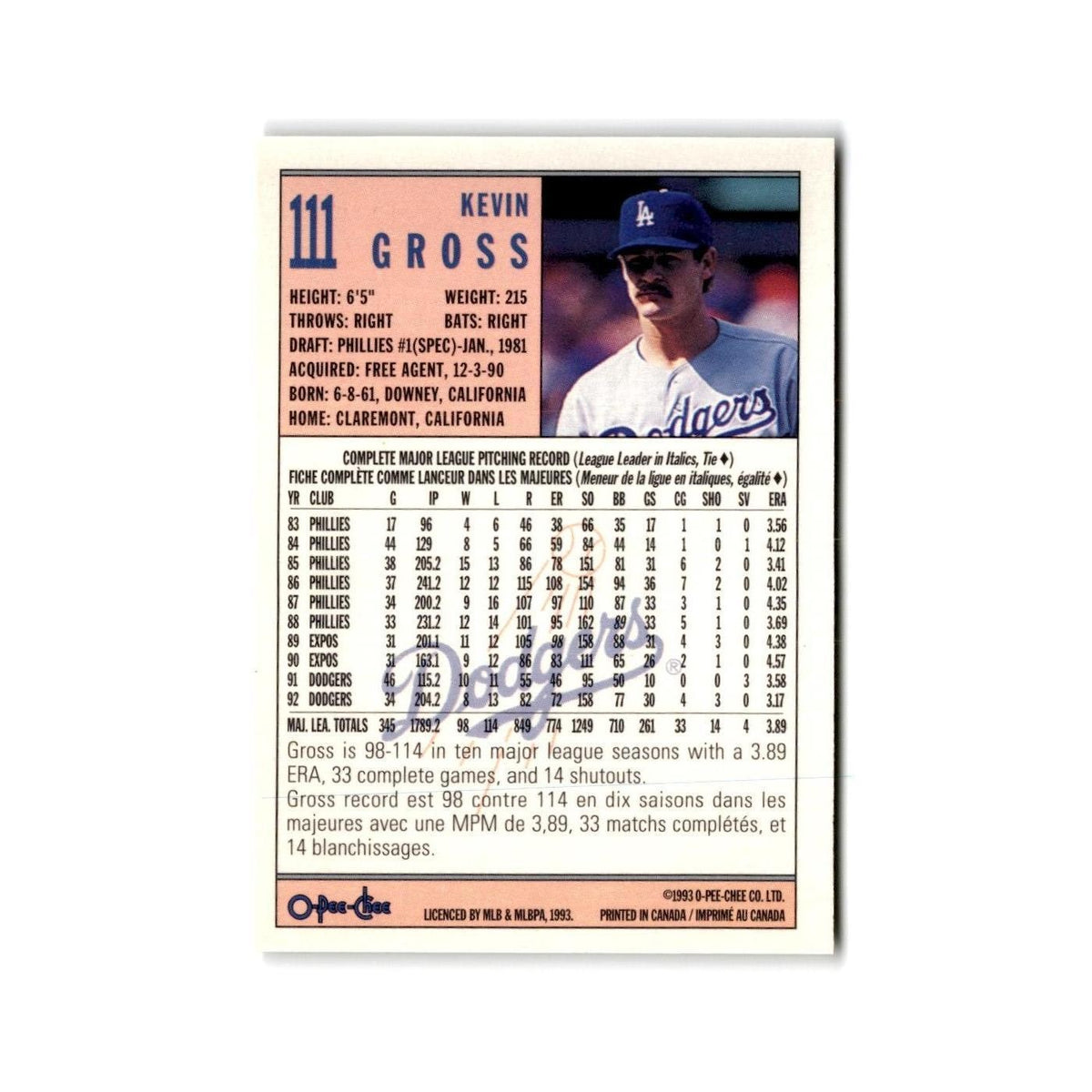 Kevin Gross 1993 O-Pee-Chee #111 Los Angeles Dodgers Baseball Card NM