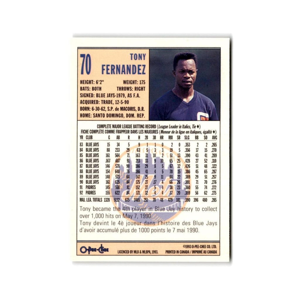 Tony Fernandez 1993 O-Pee-Chee #70 New York Mets Baseball Card NM