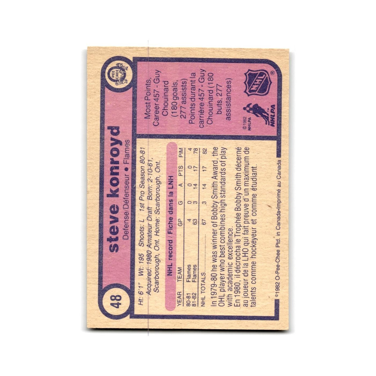 1982 O-Pee-Chee Steve Konroyd RC Calgary Flames #48