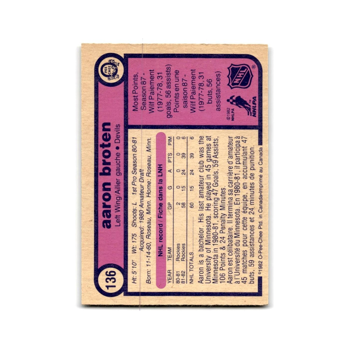 1982 O-Pee-Chee Aaron Broten RC New Jersey Devils #136