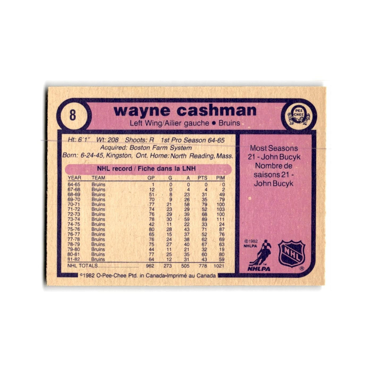 1982 O-Pee-Chee Wayne Cashman Boston Bruins #8