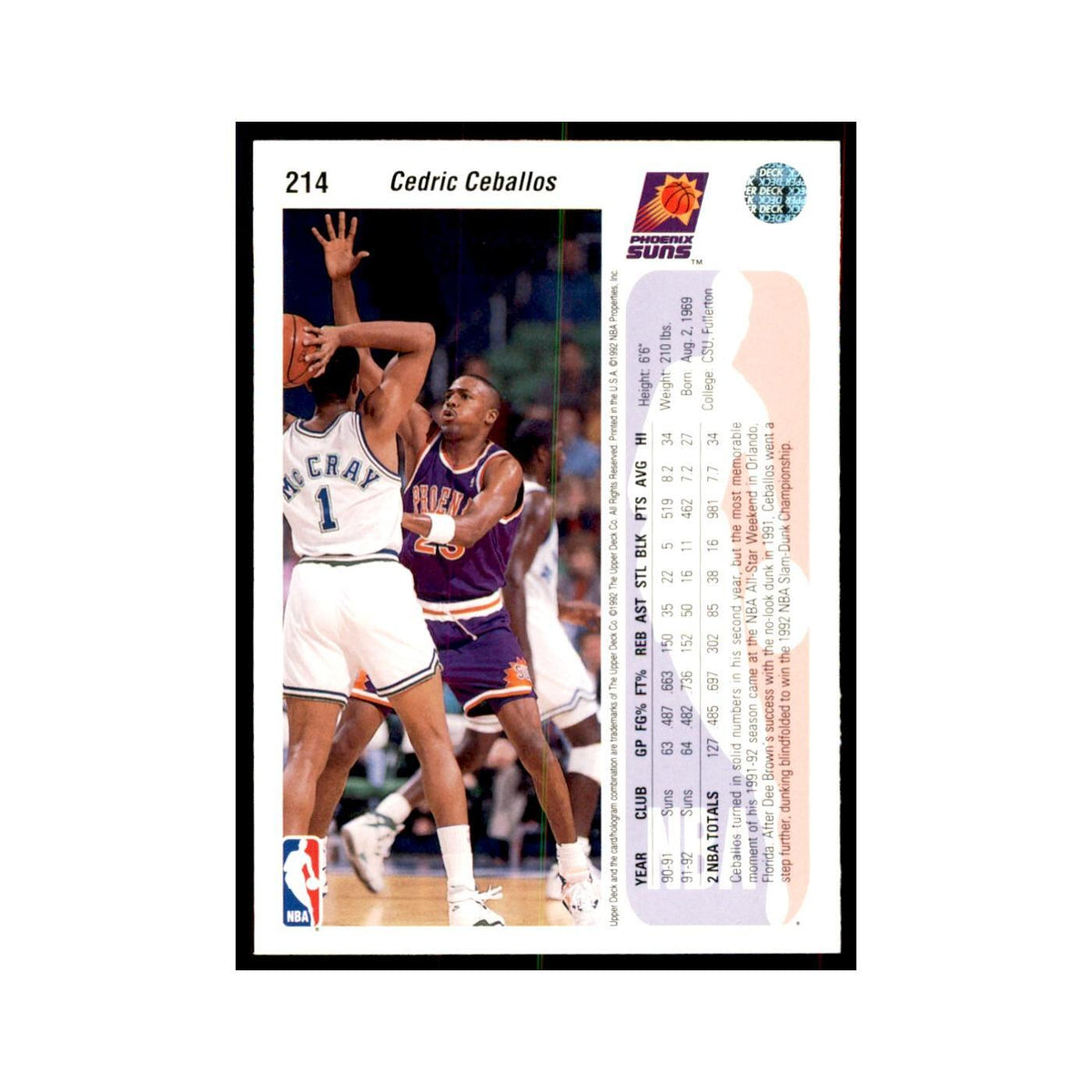 1992 Upper Deck Cedric Ceballos Basketball Cards #214