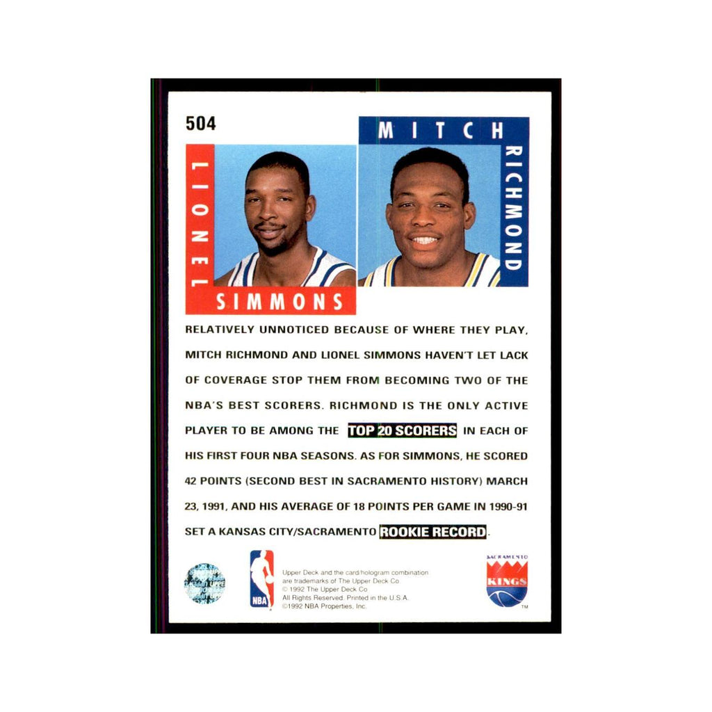 1992 Upper Deck Lionel Simmons/Mitch Richmond Basketball Cards #504